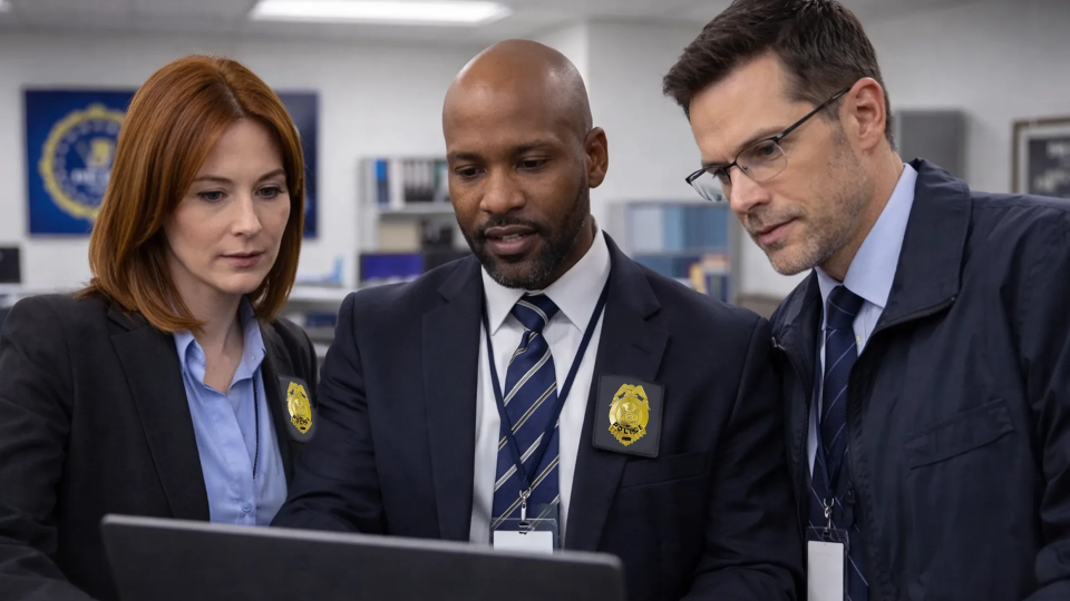 three law enforcement officers looking at a laptop screen