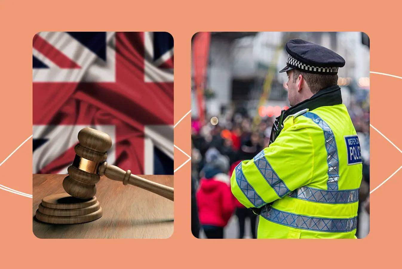 A gavel in front of the British flag and a UK police officer