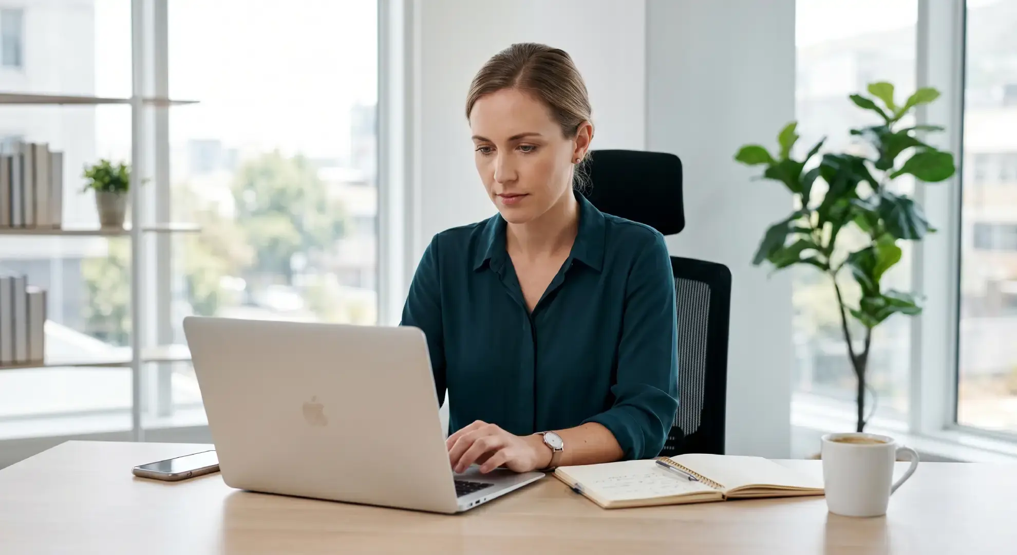 Woman working on a laptop.