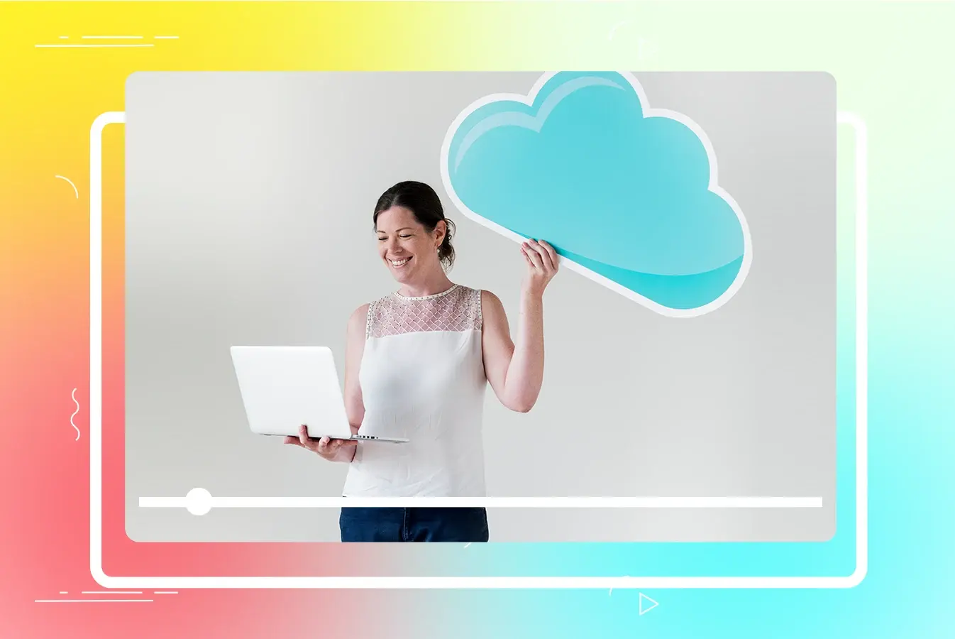 A woman holding a laptop and cloud symbol 