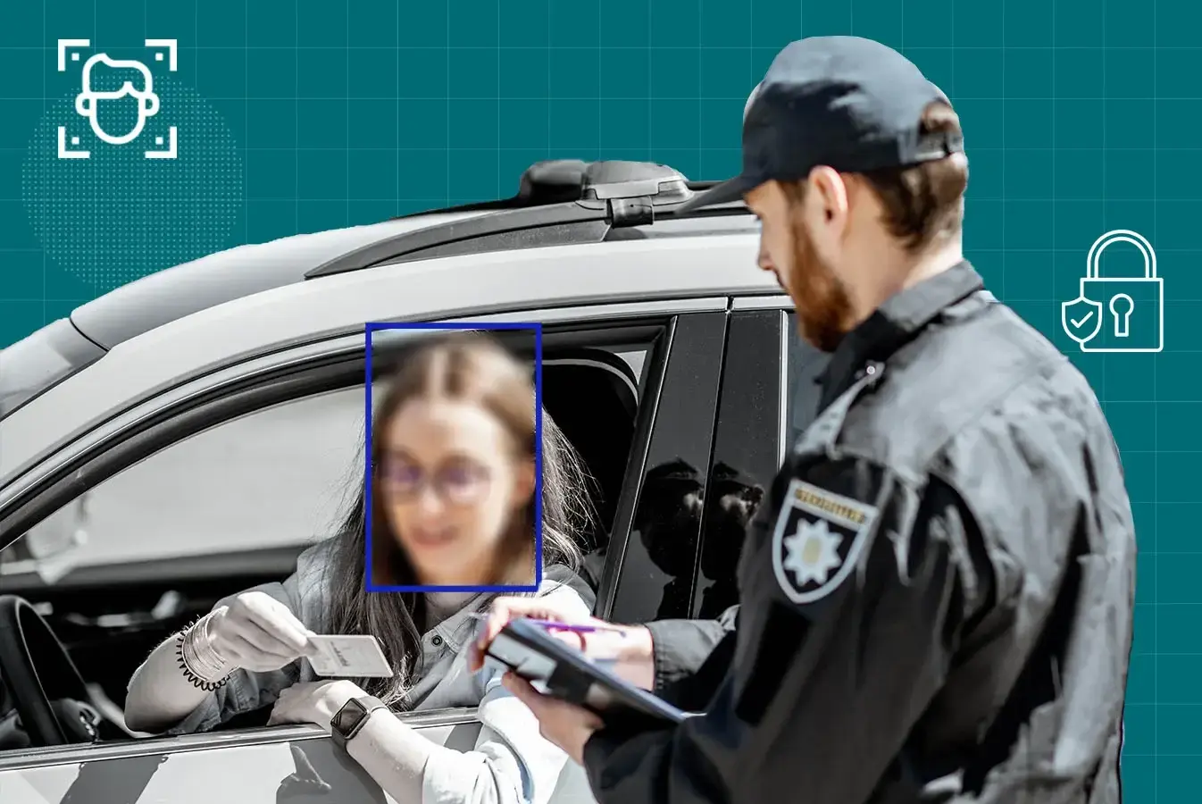 Law enforcement officer checking a driver's license or ID card, with the girl's face redacted for privacy protection.