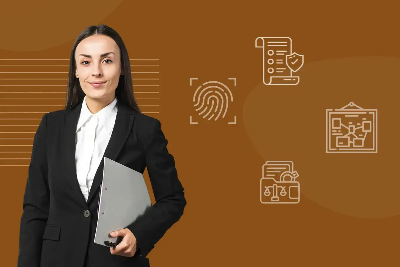 Professional woman holding a folder, representing evidence disclosure and compliance; background icons include fingerprint, document security, and justice symbols, symbolizing digital evidence management