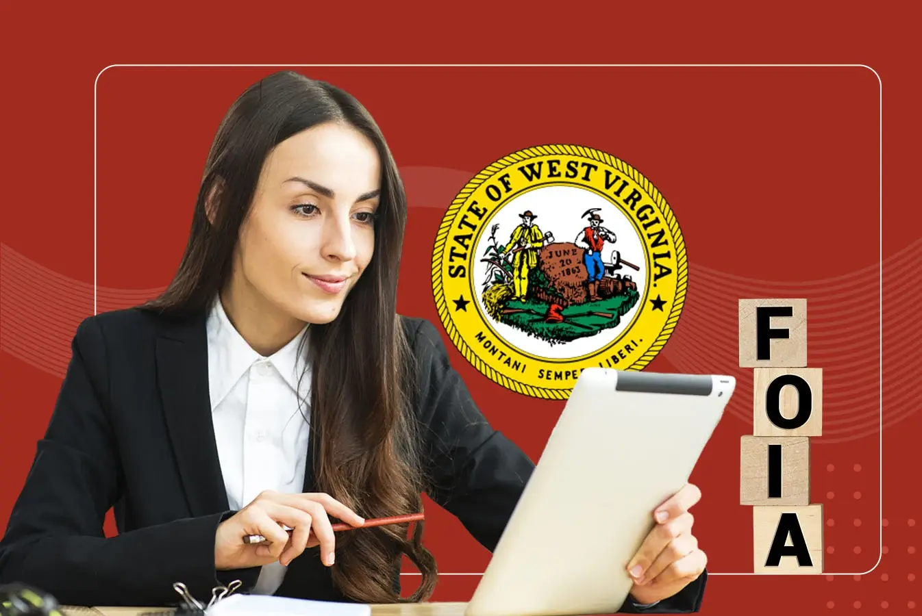 A lawyer using a tablet in front of State of Virginia logo