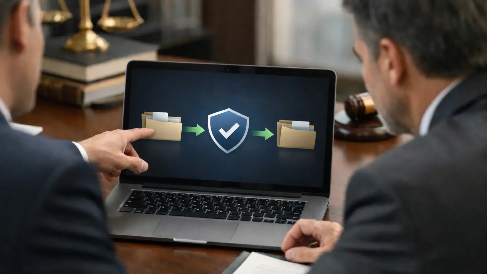 Two lawyers review a laptop showing a secure document transfer