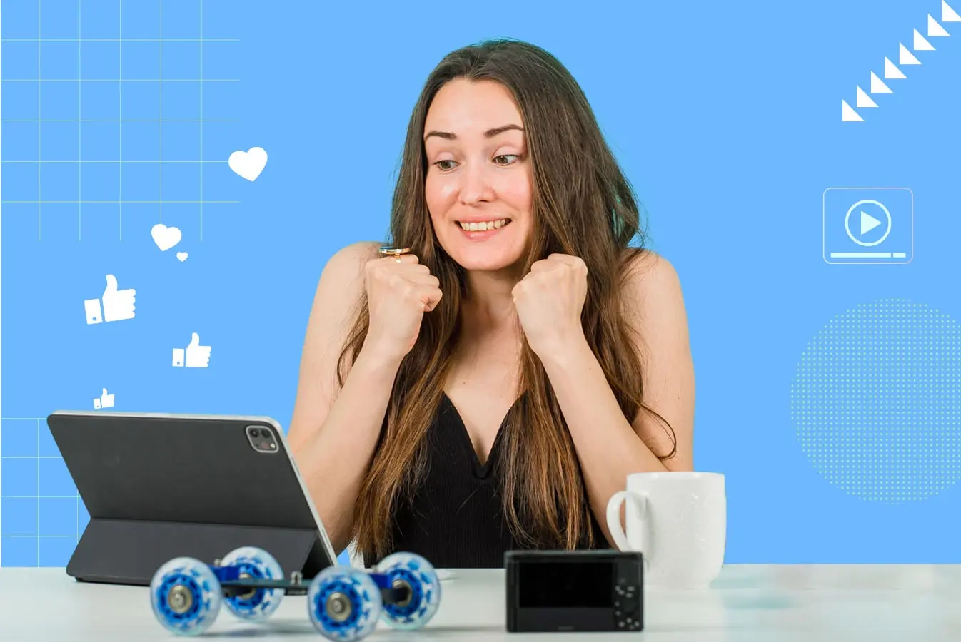 A woman with excited expressions being engaged by interactive videos.