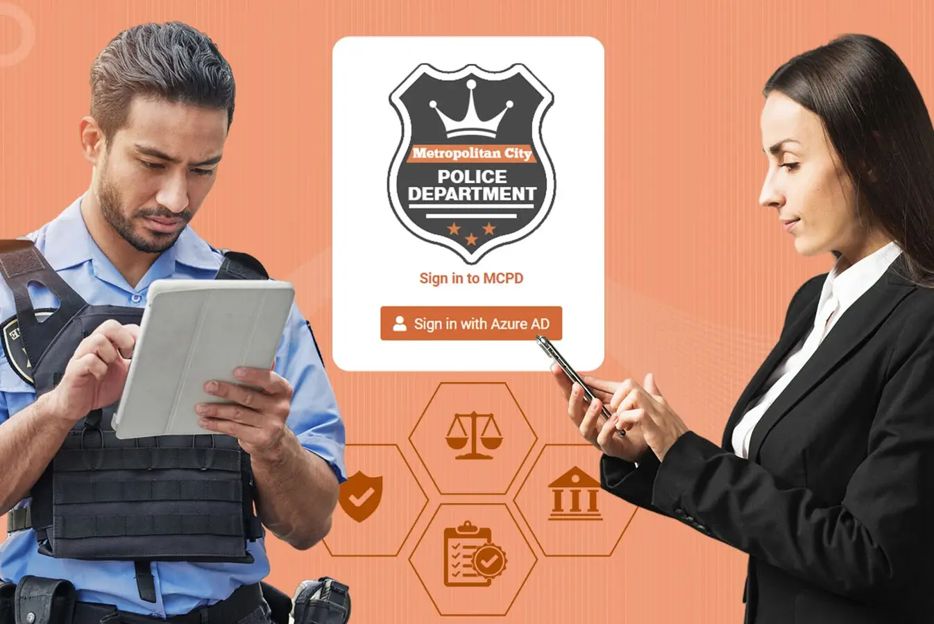 A police officer and a lawyer using separate Digital Evidence Management portals 