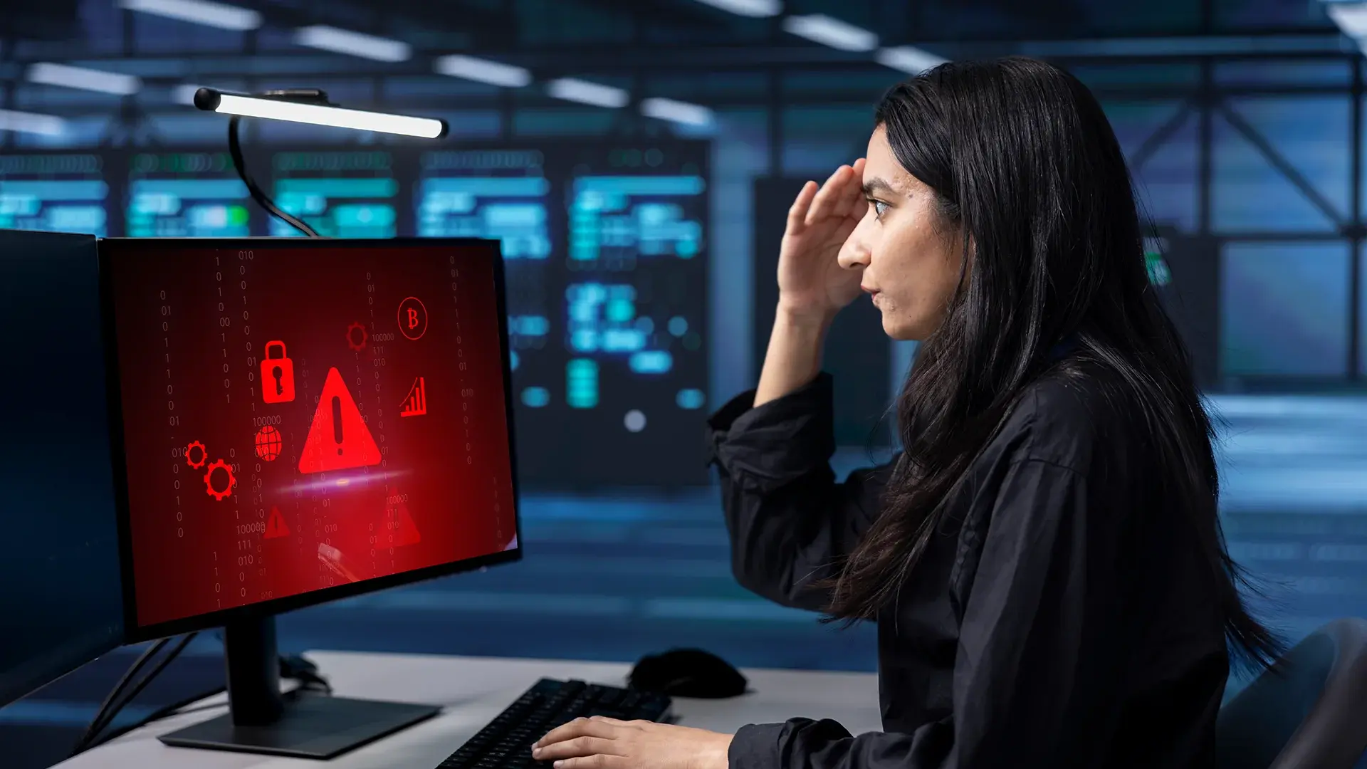 Woman reacting to a security alert on a computer monitor in a server room.