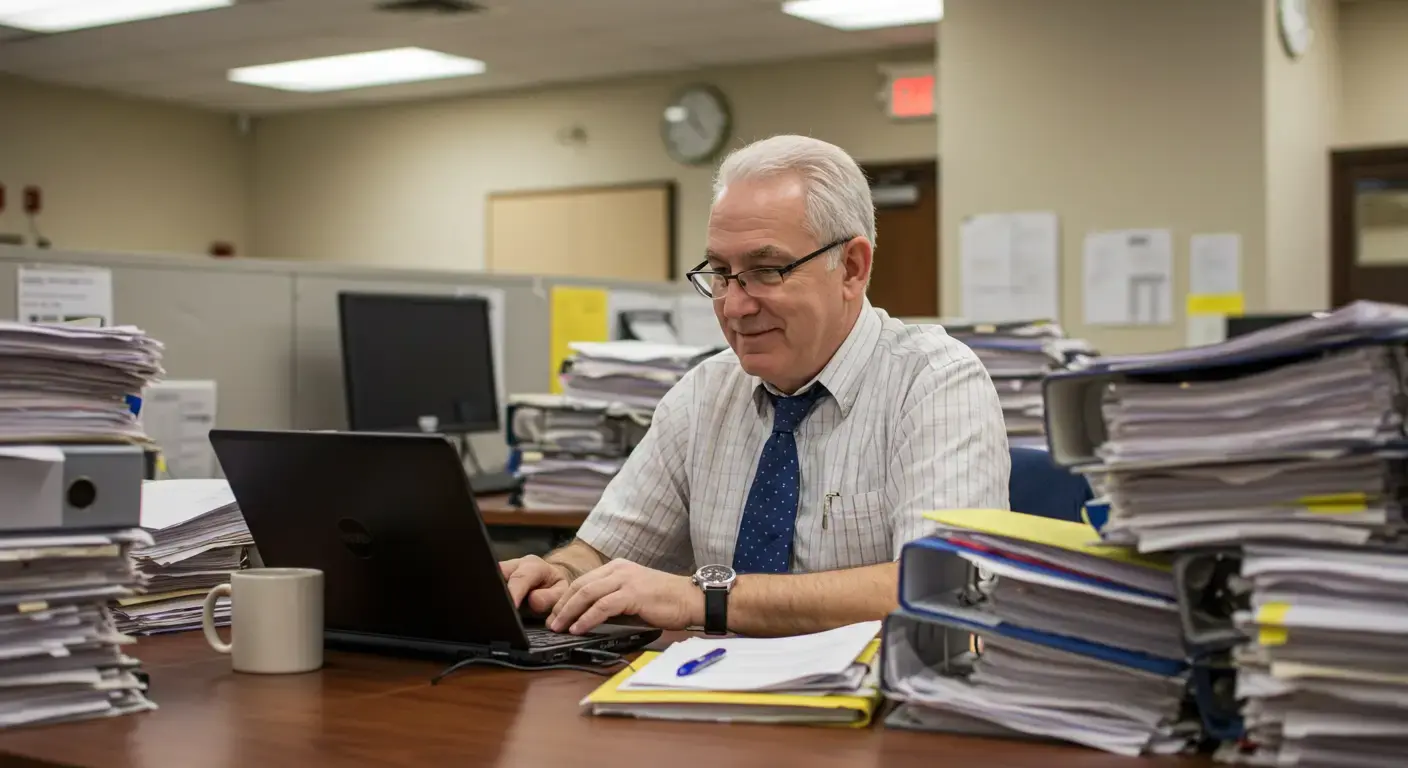 A government worker using AI technology to manage digital records on a computer.