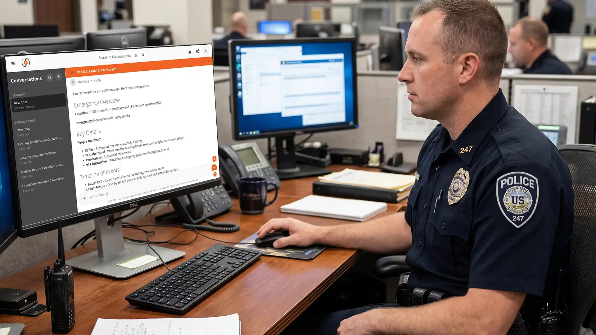 A police officer analyzing 911 and dispatch audio using AI Intelligence Hub