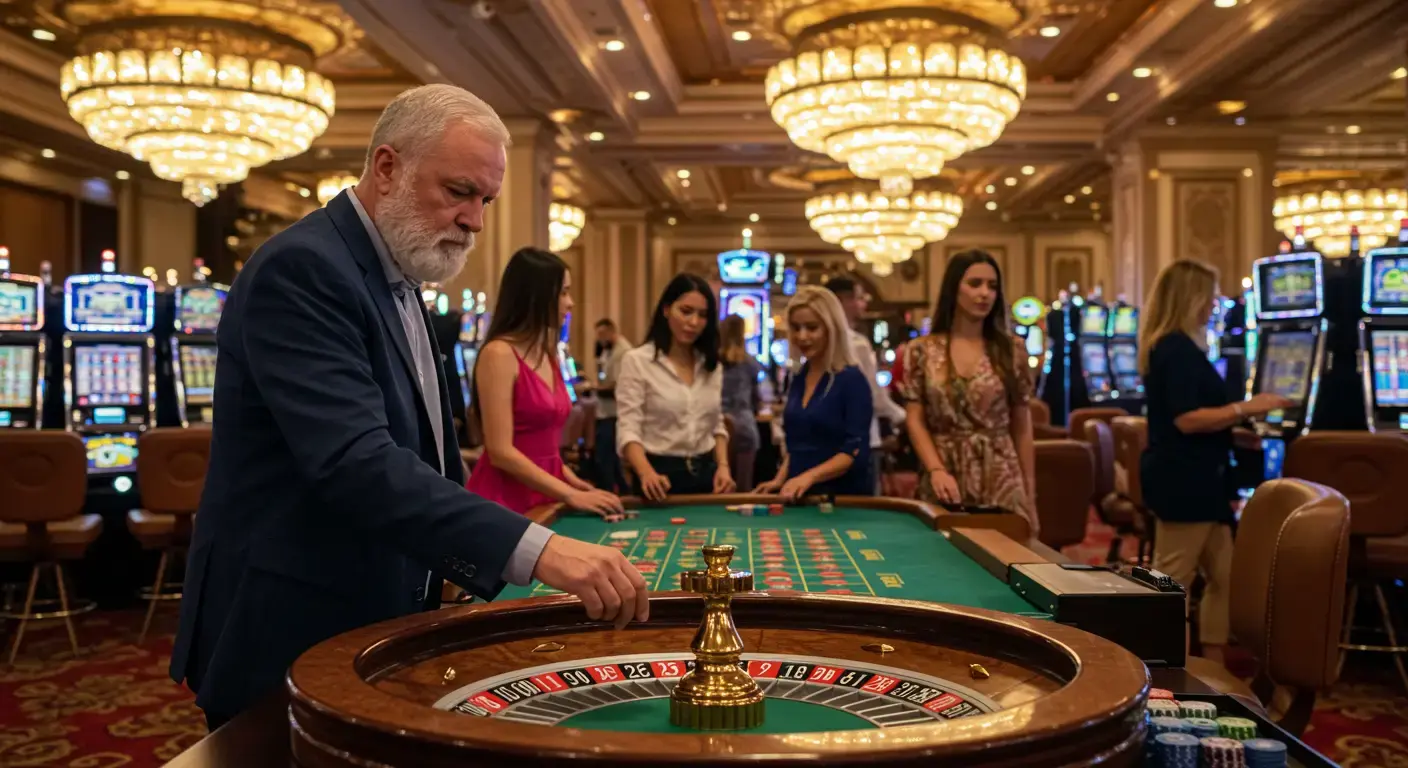 A busy casino floor with people playing slot machines and table games, showing a vibrant atmosphere in a well-lit environment. 