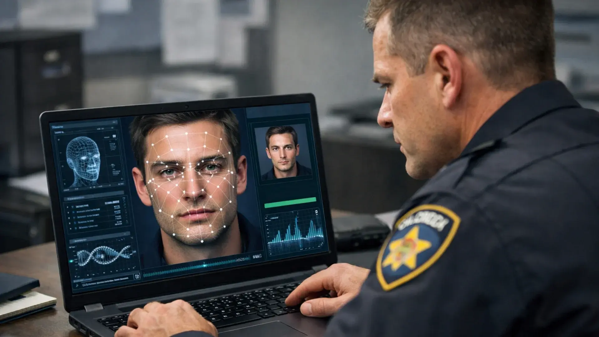 Police officer analyzing facial recognition data