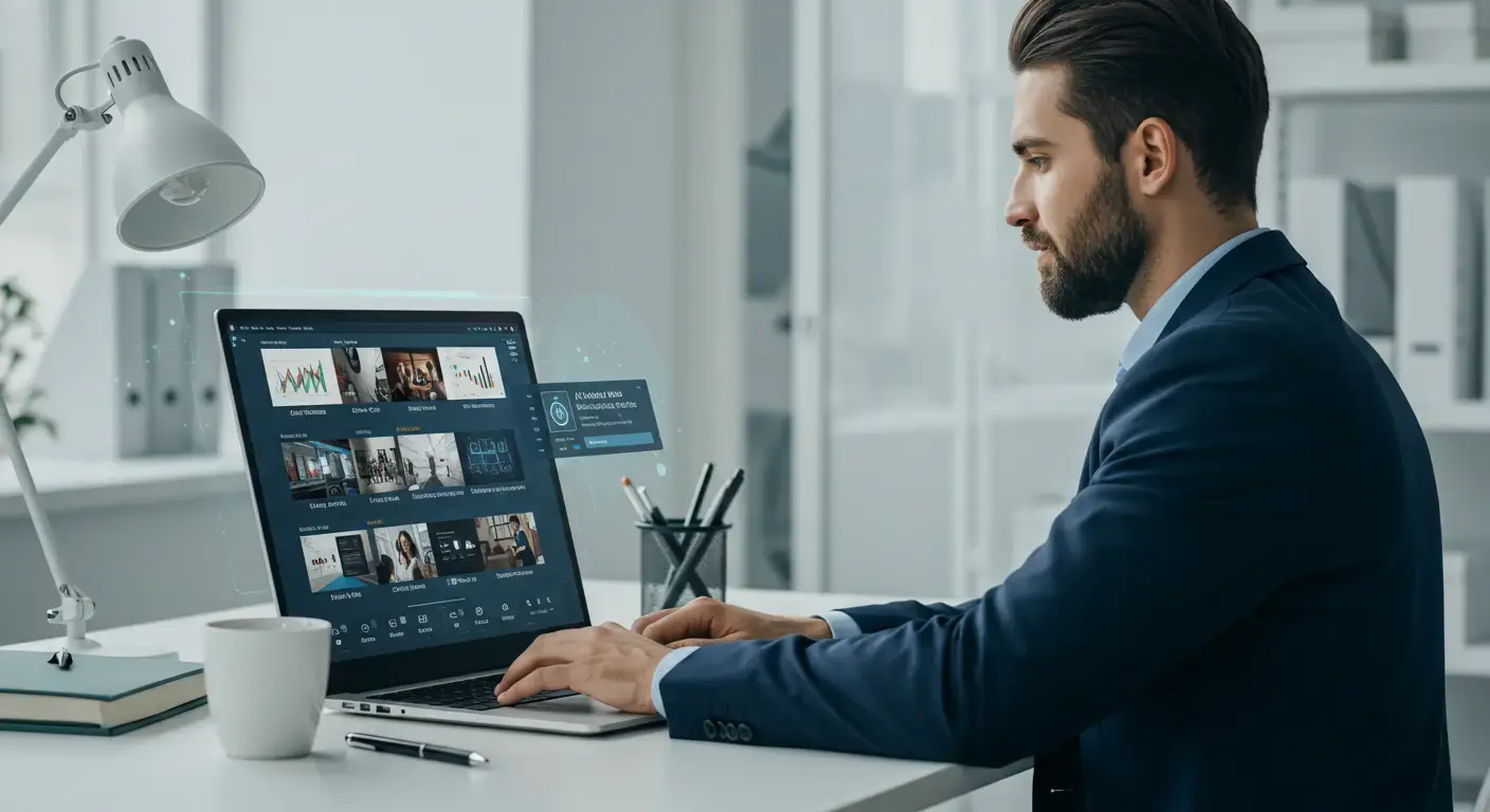A business professional using an AI-powered enterprise video platform to search for training content.