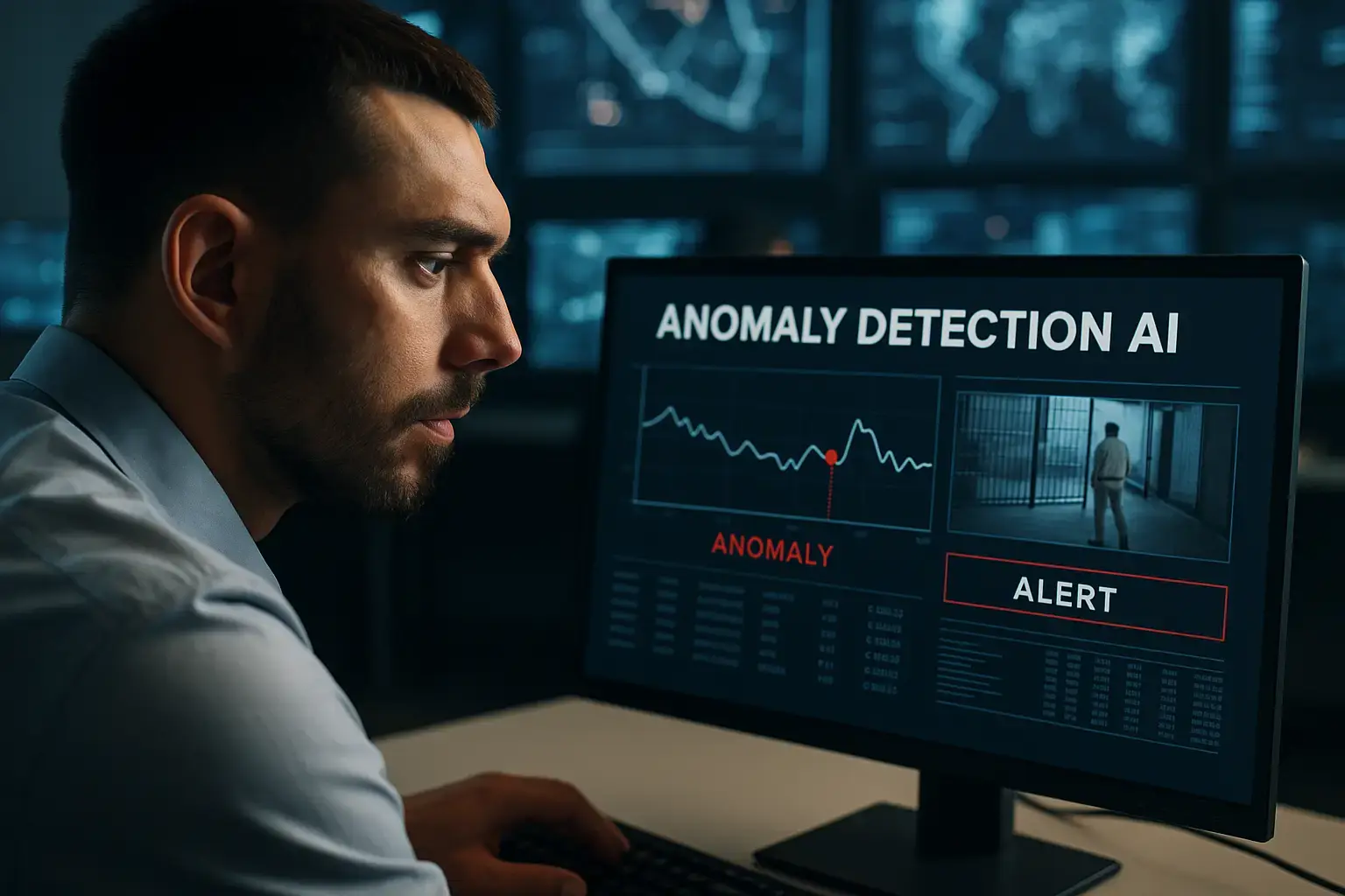 A man in a security operations center closely monitors a computer screen displaying AI-powered anomaly detection software. The screen shows a line graph with a red dot indicating an anomaly, a surveillance camera feed of a person in a restricted area, and a large red 