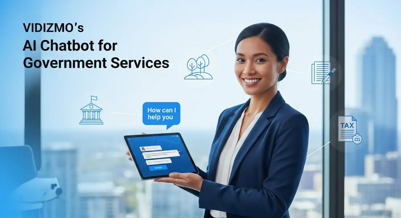 A smiling government employee holding a tablet displaying a chatbot interface, symbolizing the use of a chatbot for government services to support citizen interactions on permits, taxes, and public programs