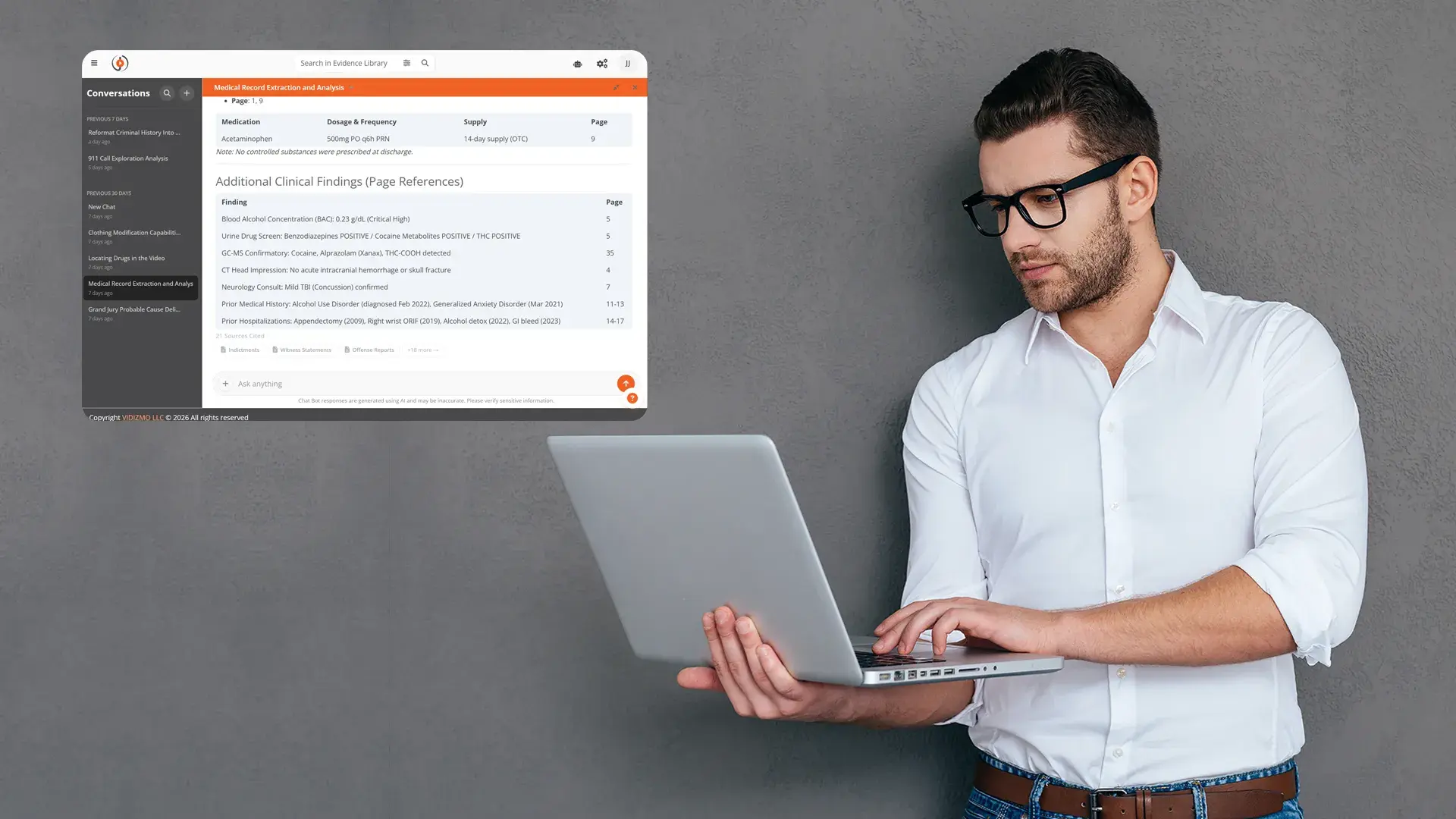 A person using AI Intelligence Hub to search through all evidence files