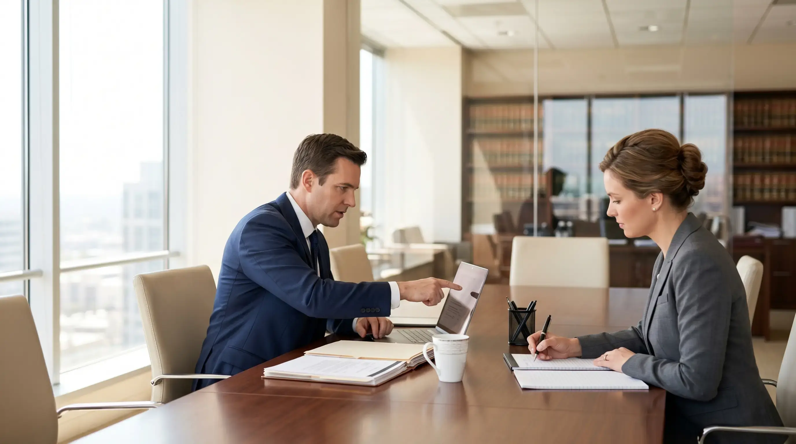 Two legal professionals at a bright desk; one pointing, one taking notes.
