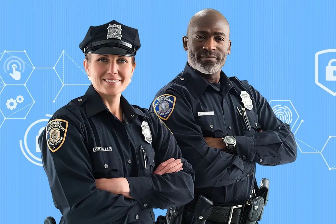 An image showing two police officers, with a female police office on the left and a male police officer on the right