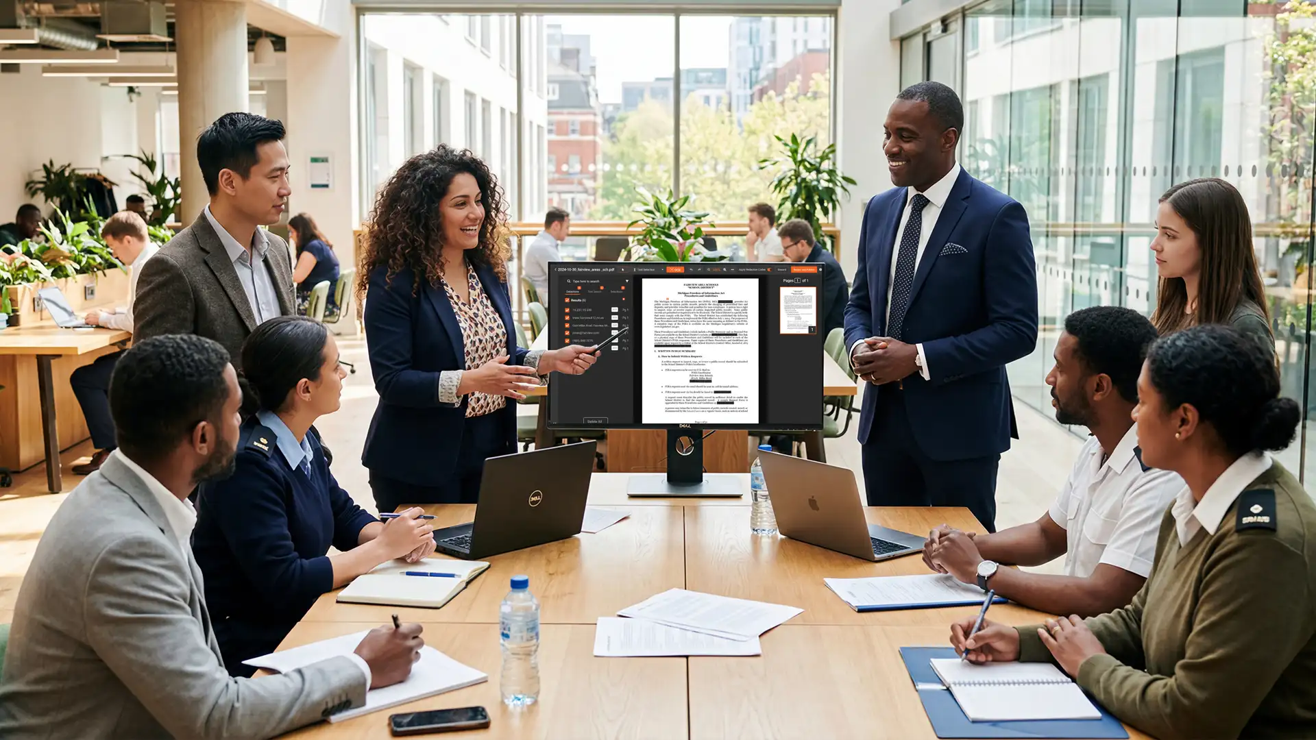 Group of professionals in a modern office meeting, discussing a document displayed on a screen.