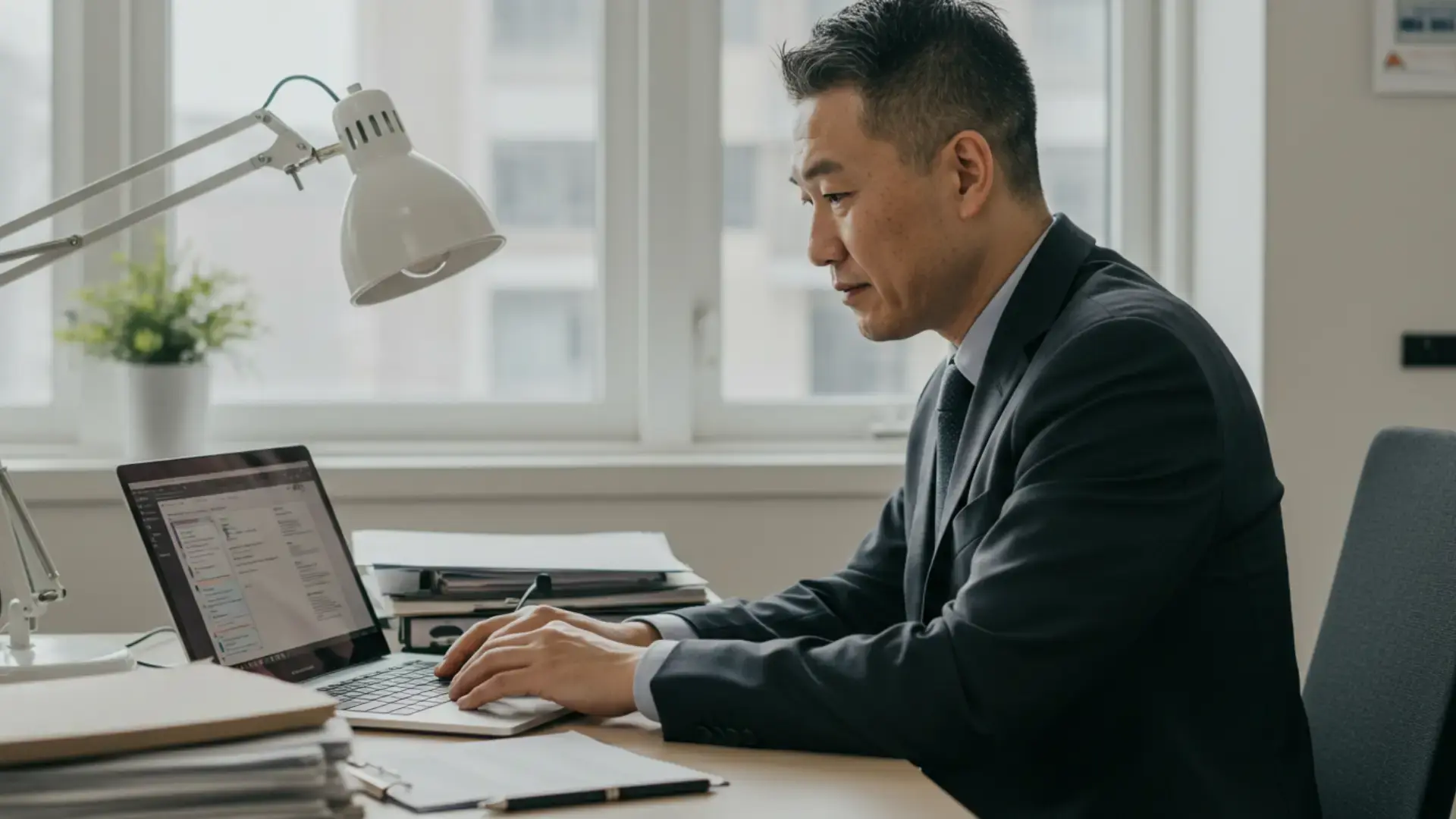 Public defender reviewing digital evidence using public defender software for evidence management on a laptop in an office setting.