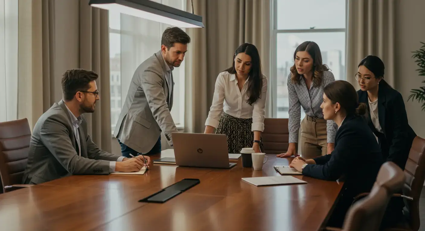 A group of professionals in business attire collaborating around a laptop, discussing RAG use cases to improve AI decision-making accuracy in a modern office setting.