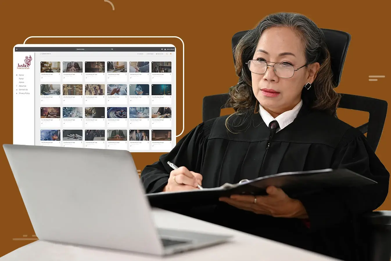 A prosecutor viewing digital evidence on a laptop