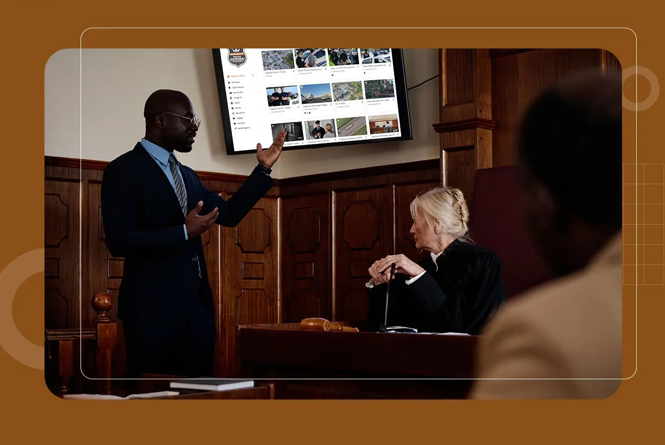 Legal professional presenting digital evidence on a screen to a judge in a courtroom, highlighting the importance digital evidence management.