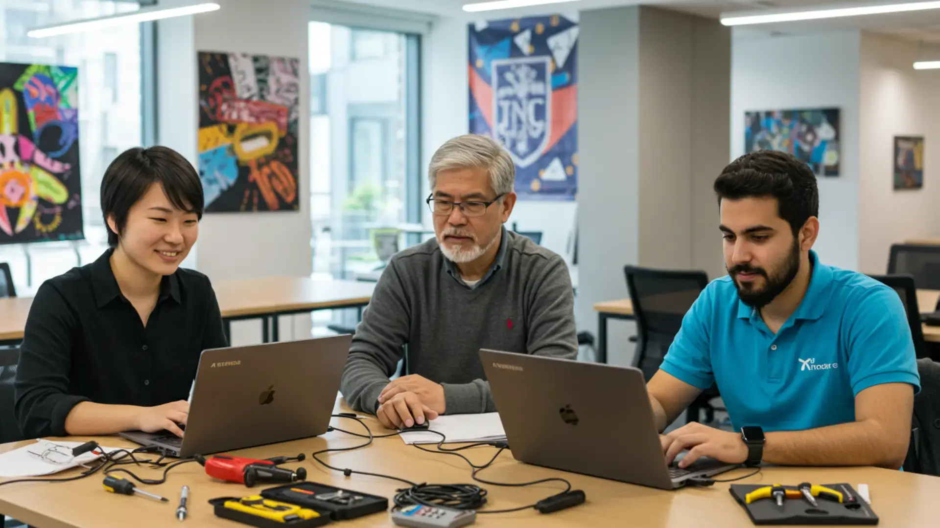University students and faculty using laptops with IT support chatbot tools in a classroom setting.