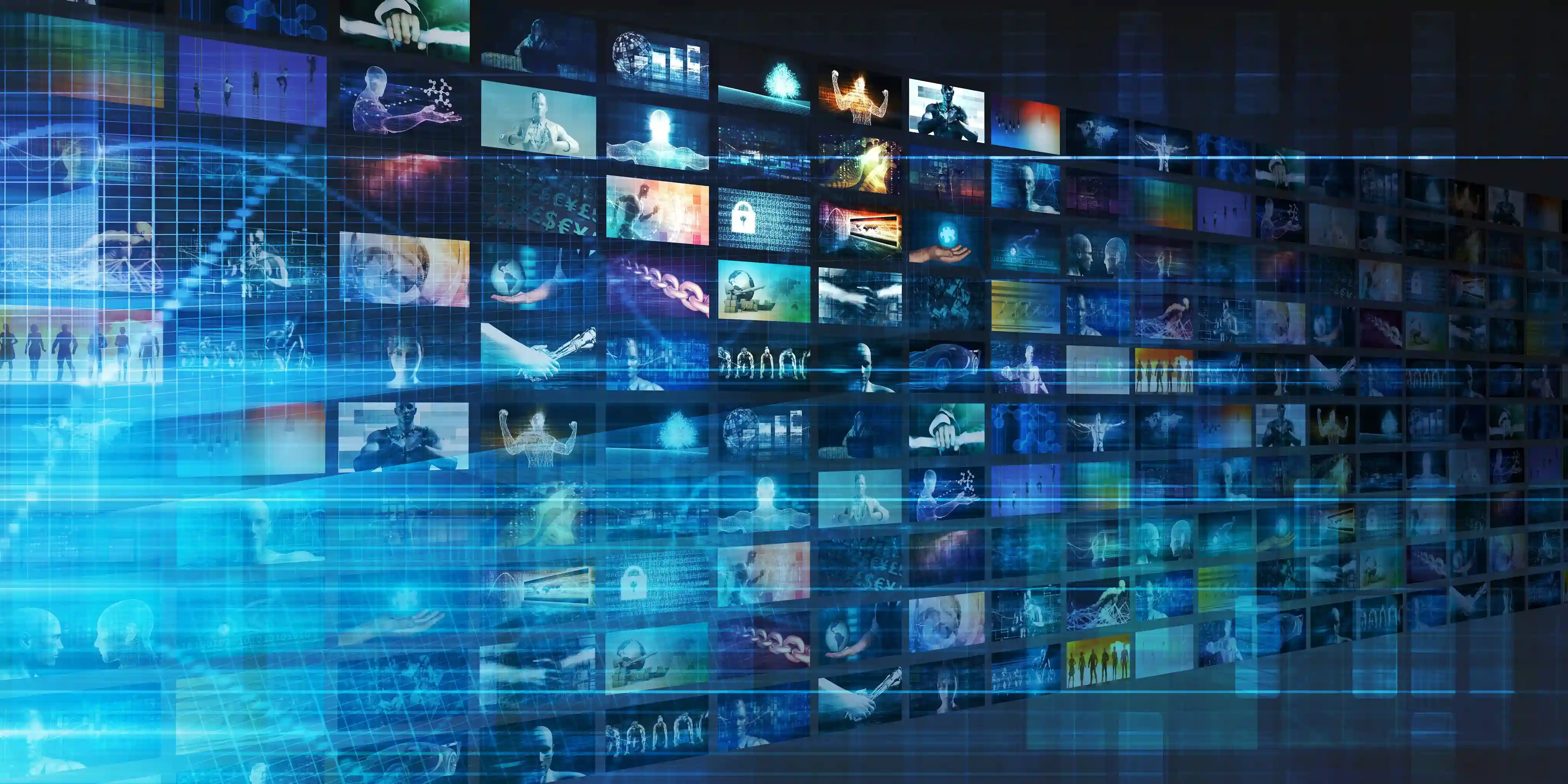 A digital representation of a secure and connected video content management system, with floating images and visual data streams, symbolizing video hosting and secure video sharing