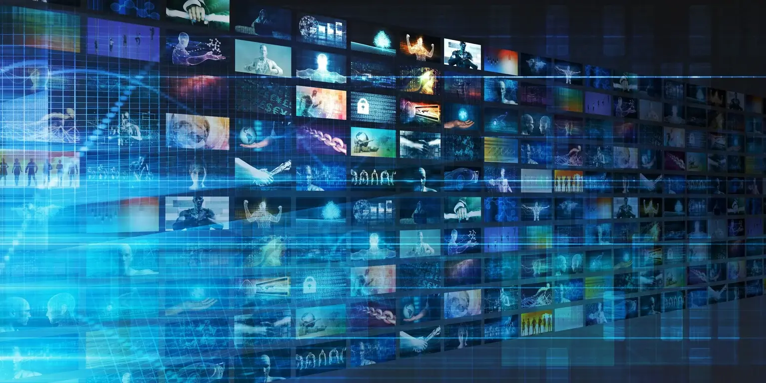 A digital representation of a secure and connected video content management system, with floating images and visual data streams, symbolizing video hosting and secure video sharing