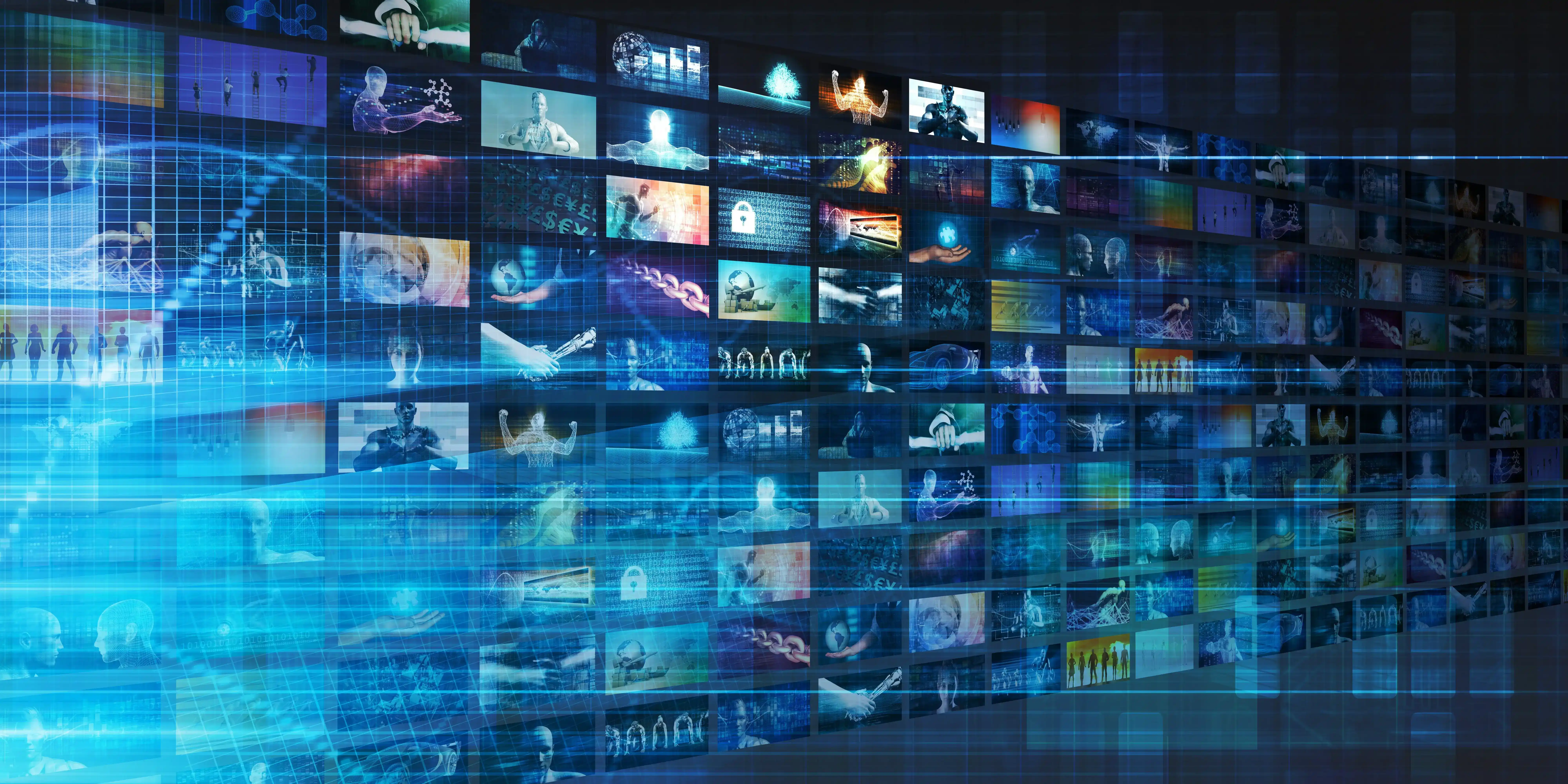 A digital representation of a secure and connected video content management system, with floating images and visual data streams, symbolizing video hosting and secure video sharing