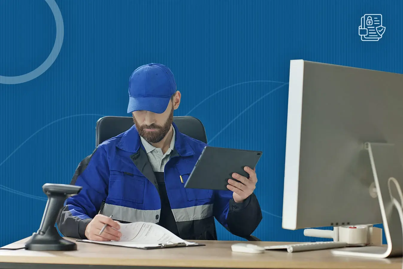 A transport industry professional viewing a paperwork and holding a tablet pc