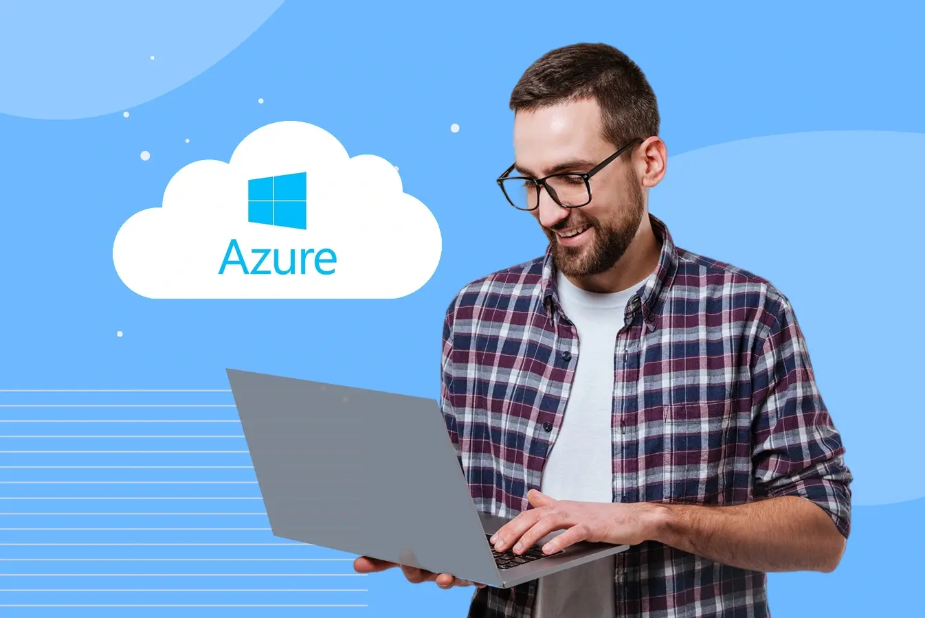 A man with laptop standing next to Microsoft Azure logo