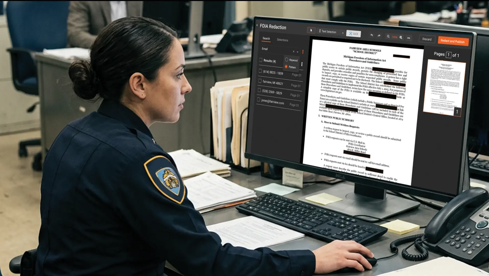 a police officer redacting documents