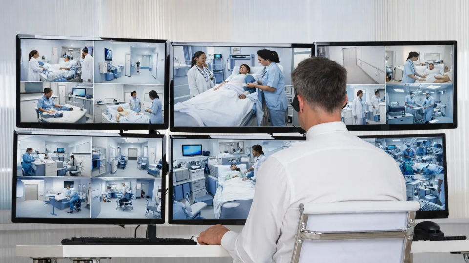 Man monitoring multiple hospital CCTV camera feeds on six screens in a control room