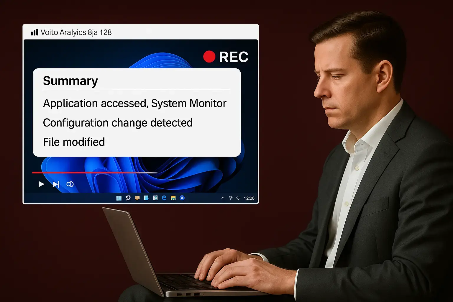 A suited man sits at a laptop, focused on the screen. A recorded session overlay shows a system activity summary from a remote access tool, listing actions.