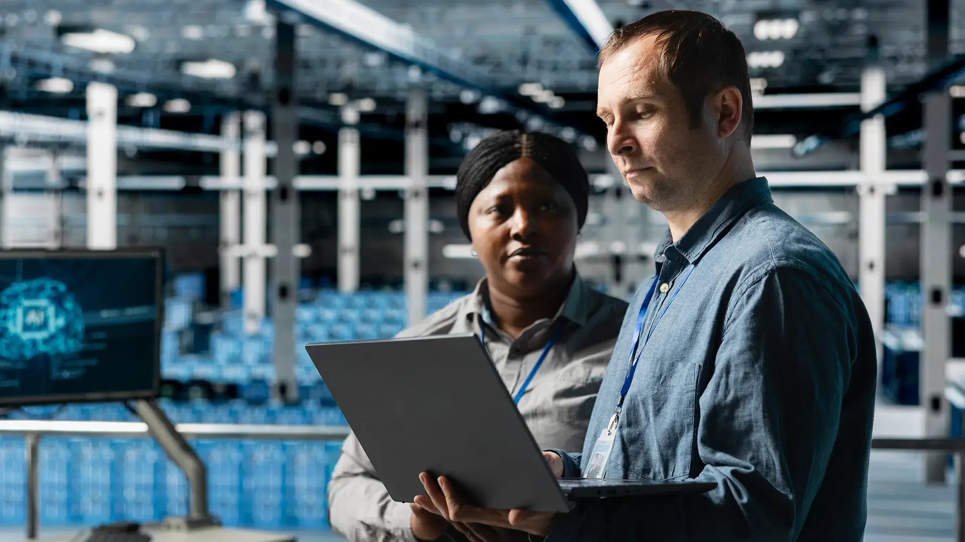 Two IT professionals using a laptop in a data center.