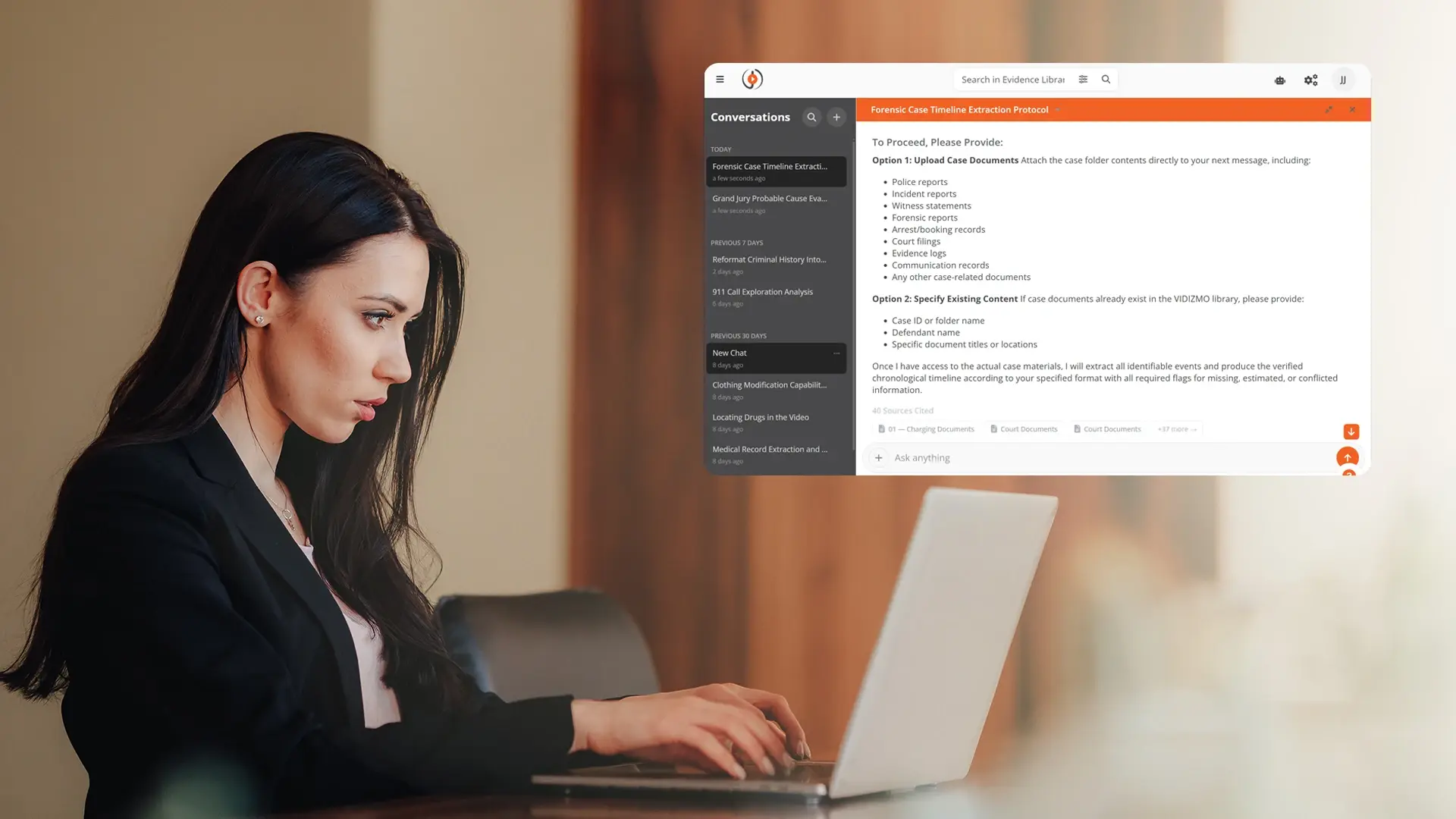 A legal professional using AI Intelligence Hub to analyze the case files