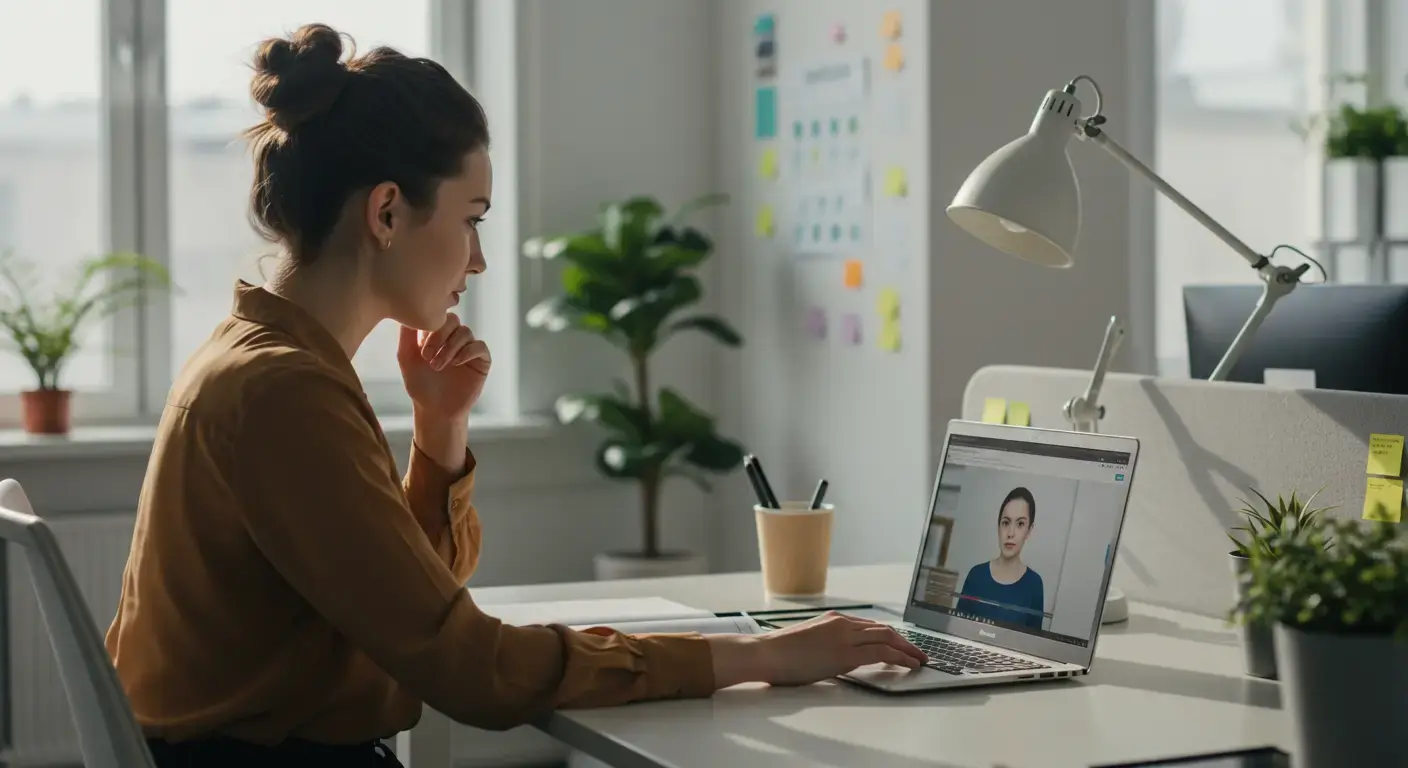 An employee engaged in an employee training video platform, watching a training video on a laptop.