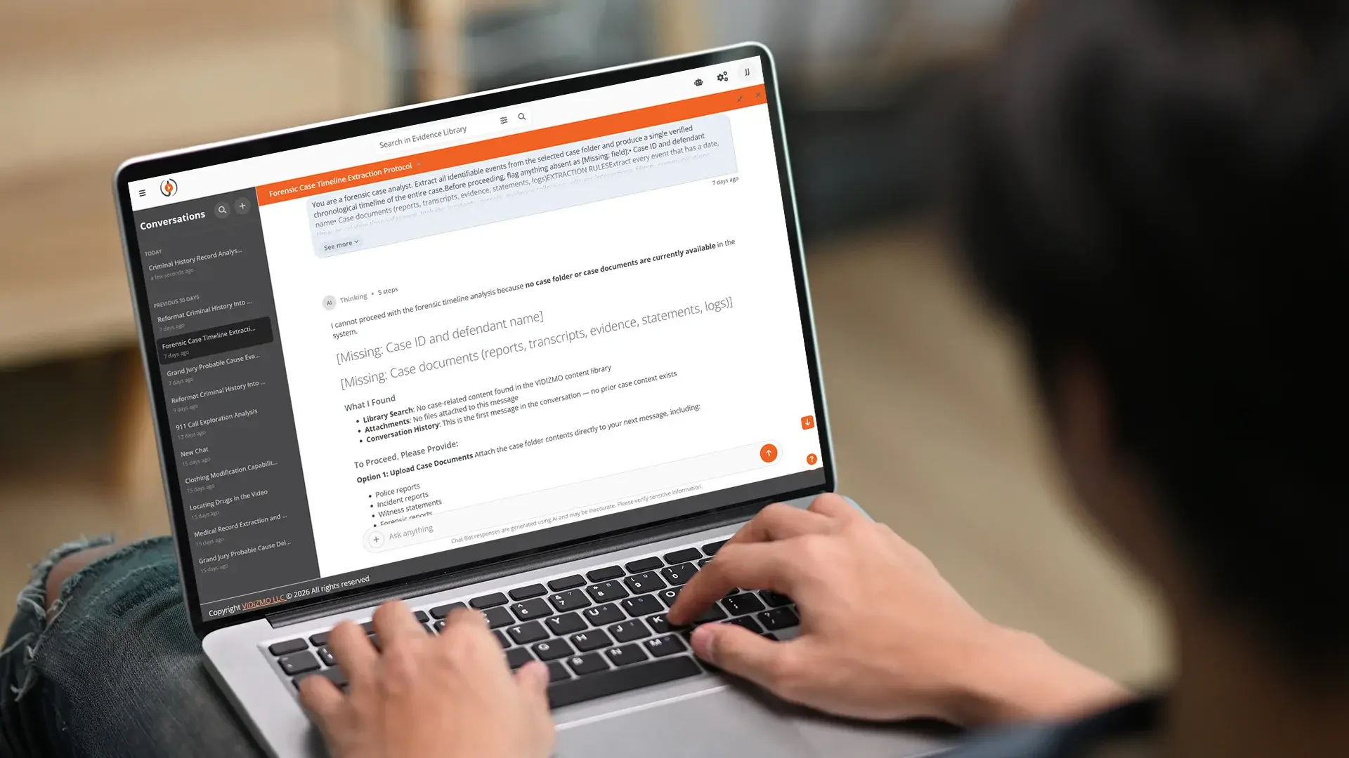 A person using AI Intelligence Hub for deposition summarization