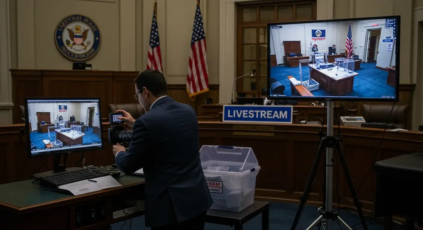 An election official sets up a video camera in a government hearing room with American flags and a “LIVESTREAM” sign visible. Multiple monitors display a live video feed of a ballot counting area, showcasing a secure and transparent livestreaming setup.