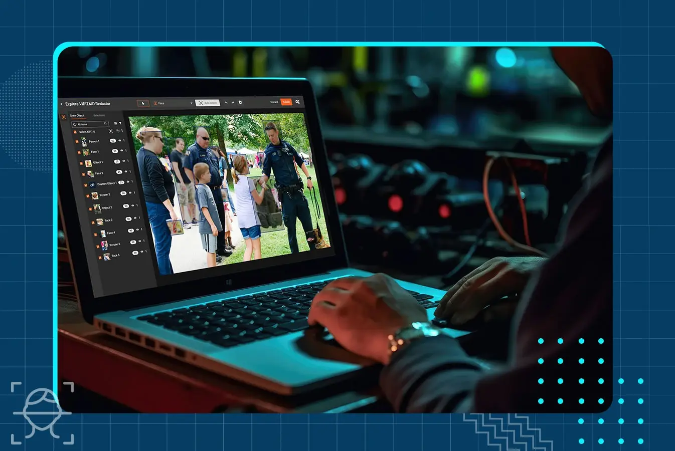 A law enforcement officer using redactor tool on a laptop 