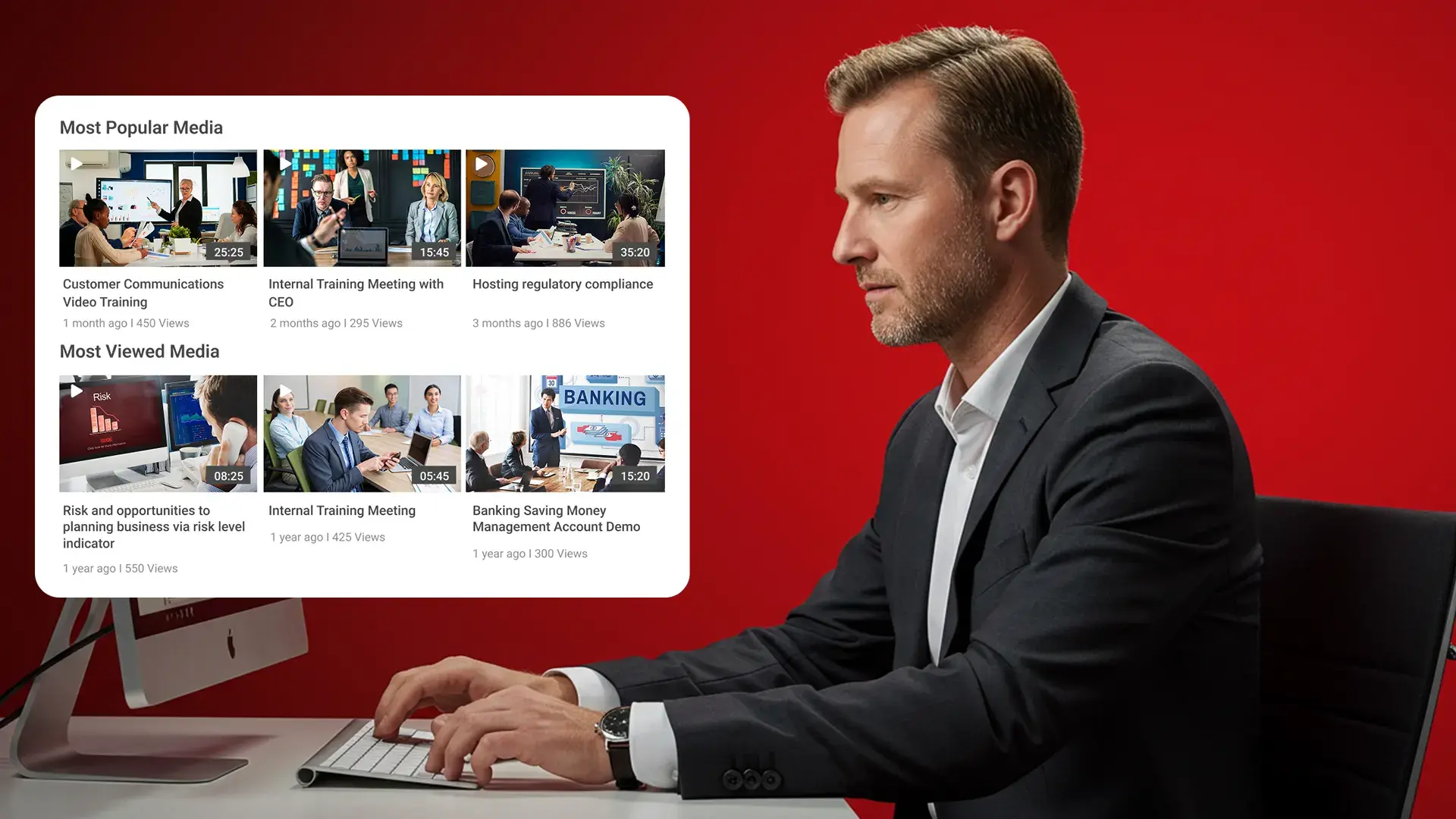 Displaying VIDIZMO's Enterprise Video Platform with categorized videos and a video call screen featuring a group of people.
