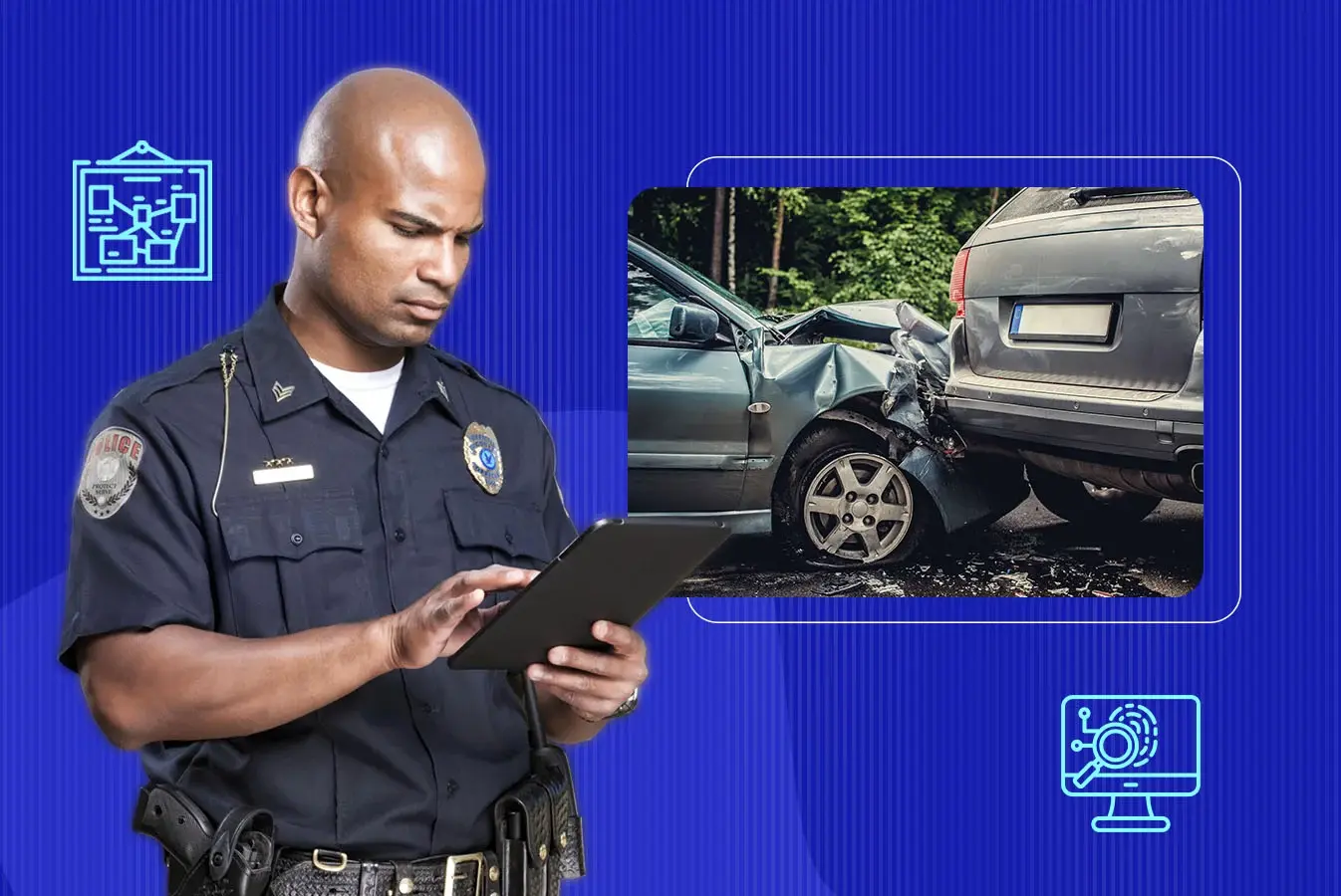 A police officer viewing a car accident digital evidence 