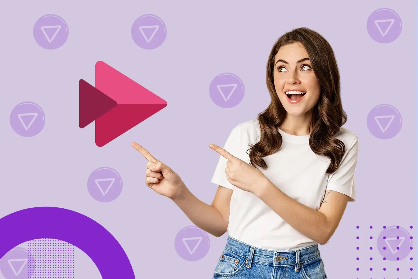 A woman in smiling and pointing to the left at a large red and pink arrow icon in front of a purple background with circular graphics.