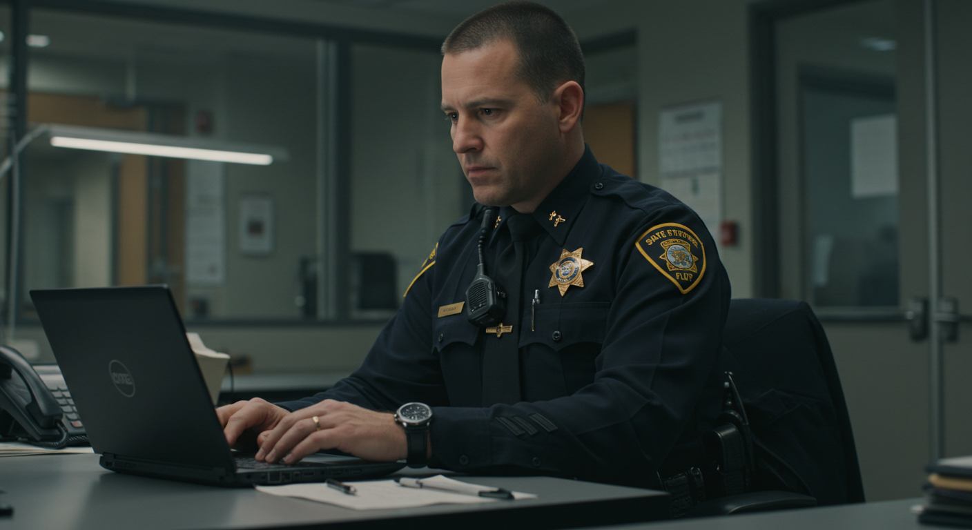 A law enforcement officer using laptop 