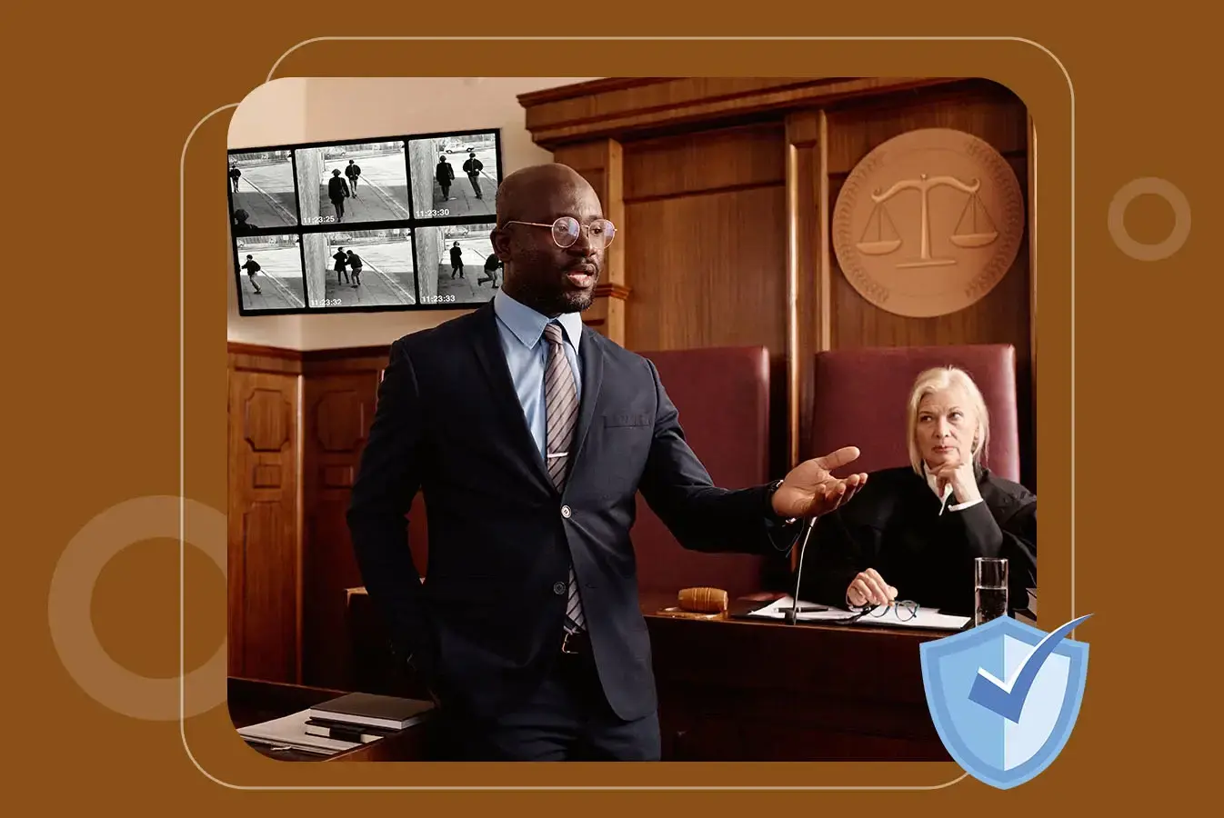 A courtroom scene featuring a male attorney presenting a case.