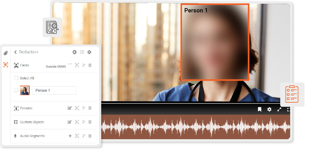 Interface of the best redaction software displaying AI-powered face redaction in a video, with detected persons and audio waveforms highlighted