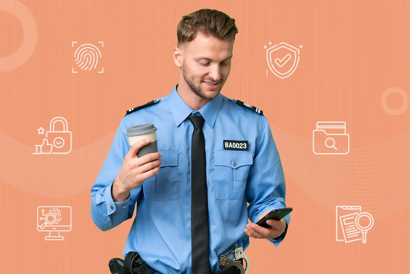 A police officer has mobile in one hand and coffee in other 