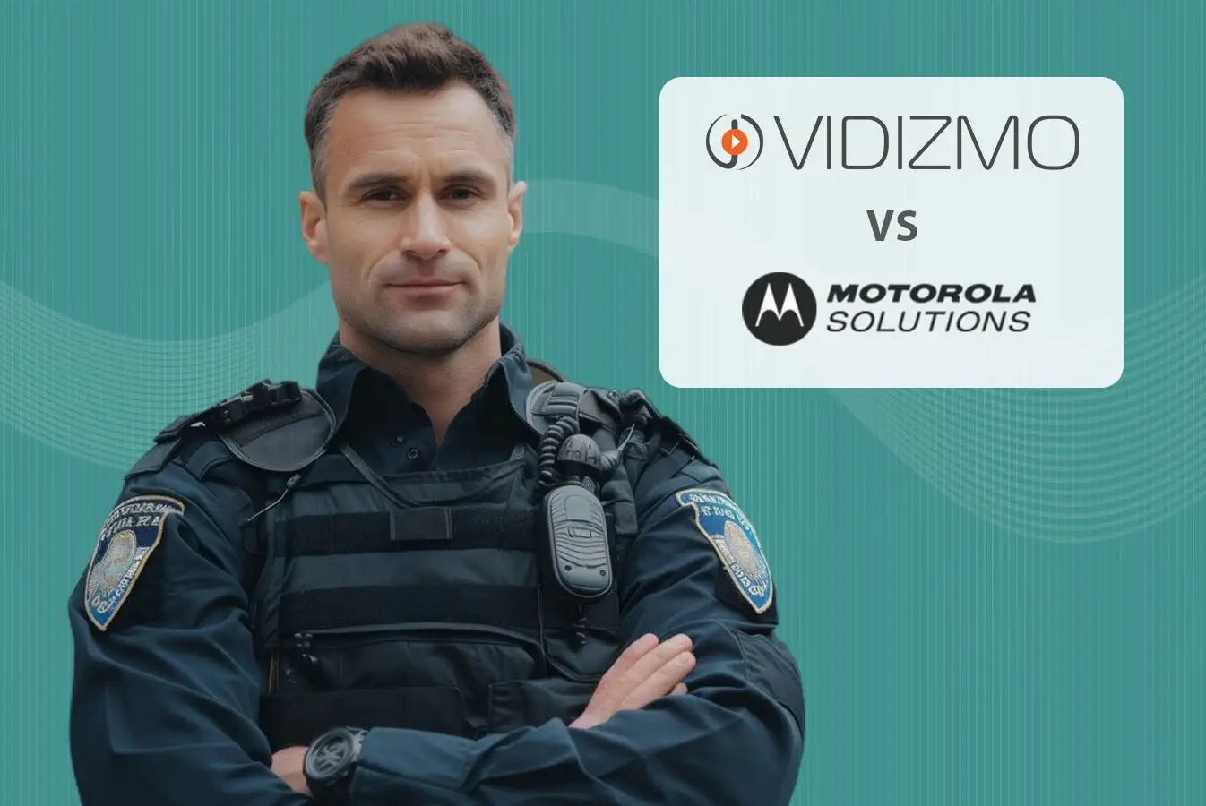 A police officer standing beside the logo of Motorola Solutions vs VIDIZMO