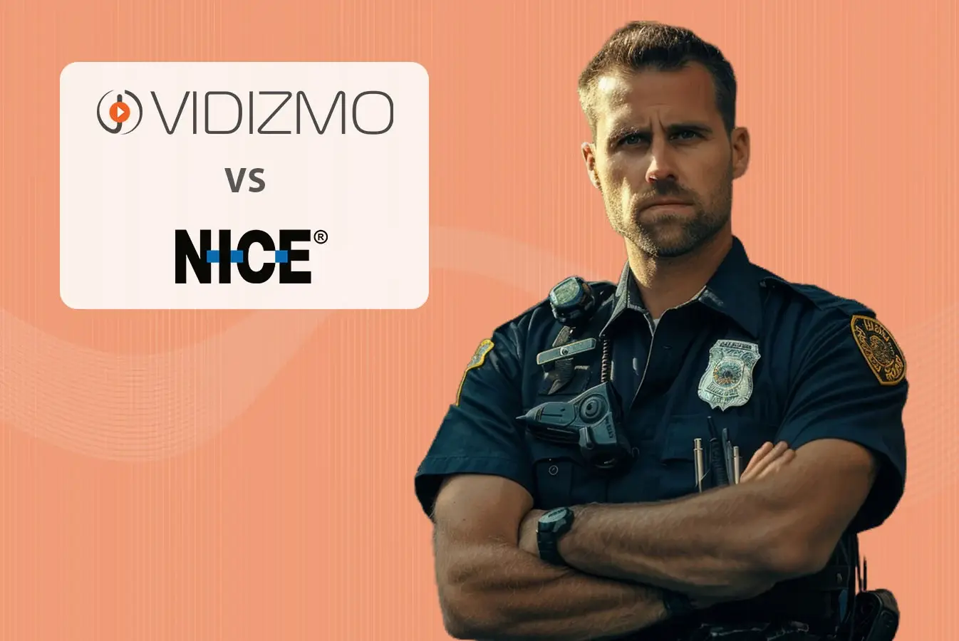 A police officer standing beside VIDIZMO vs NICE logo